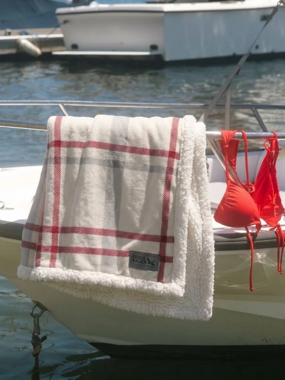 Eddie Bauer Cream Plaid Sherpa Throw with Red Accents